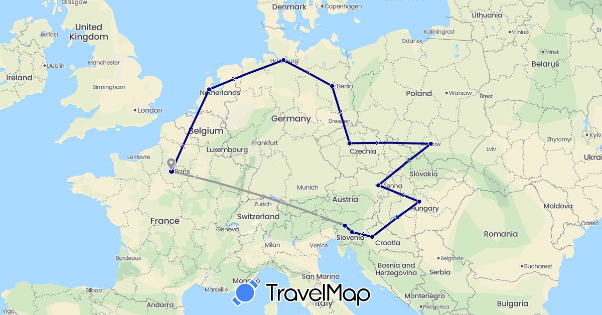 TravelMap itinerary: driving, plane in Austria, Czech Republic, Germany, France, Croatia, Hungary, Netherlands, Poland, Slovenia (Europe)